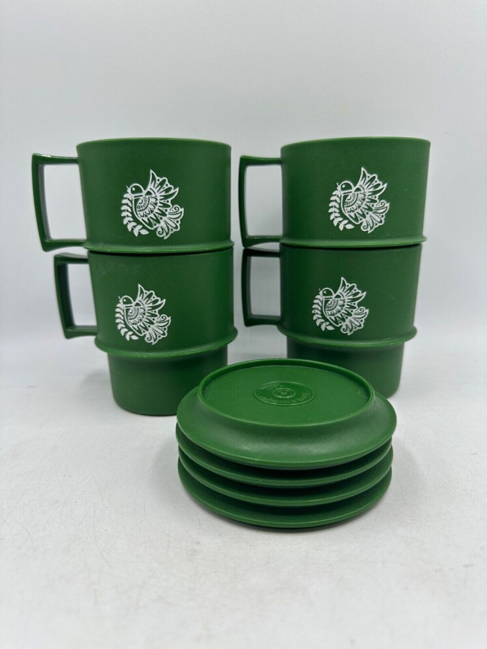 Tupperware Mugs Christmas Holiday Cups & Coasters Green Bird 1312 Vtg